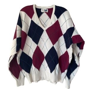 Vintage Argyle Preppy V Neck Sweater Cotton Navy Burgundy White Size L